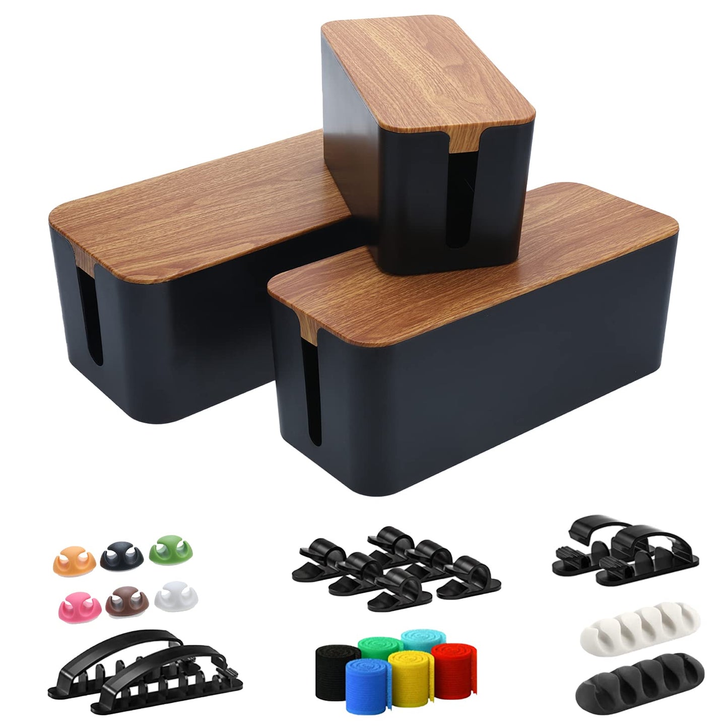 Cable Management Box Set - 3 Pack Large & Medium & Small Wooden Style Cable Organizer Box with Cable Clips to Hide Wires and Power Strips (Black)