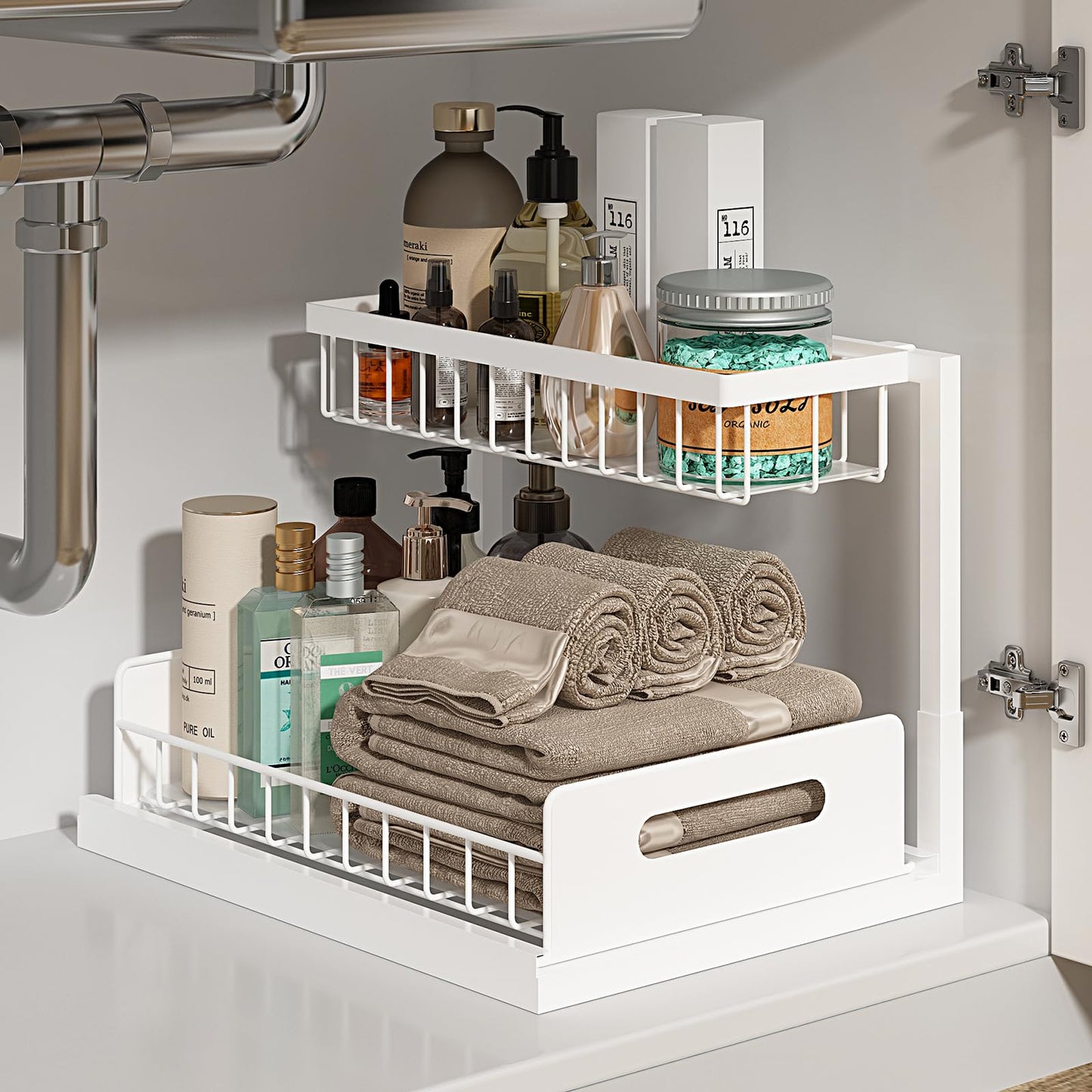 2 Level Under Sink Pull Out Cabinet Organizer White
