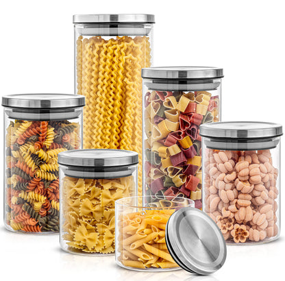 Kitchen Canister Set 6 Glass Jars with Lids (Stainless Steel) Lids Airtight Food Storage Containers